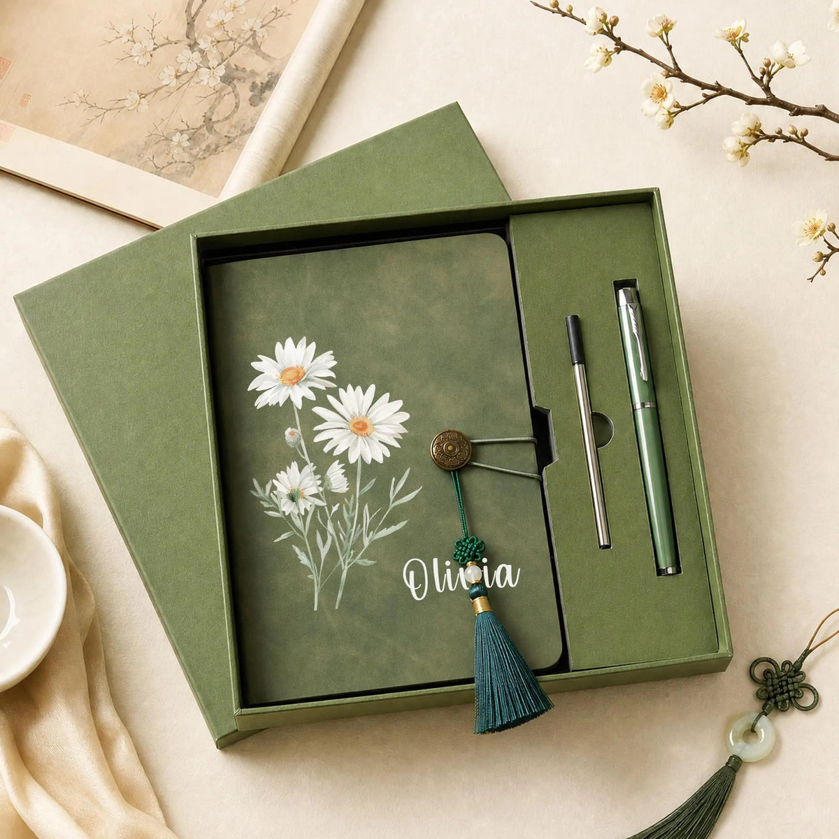 Personalized Floral Journal Pen Set, Custom Name Leather Notebook with Tassel