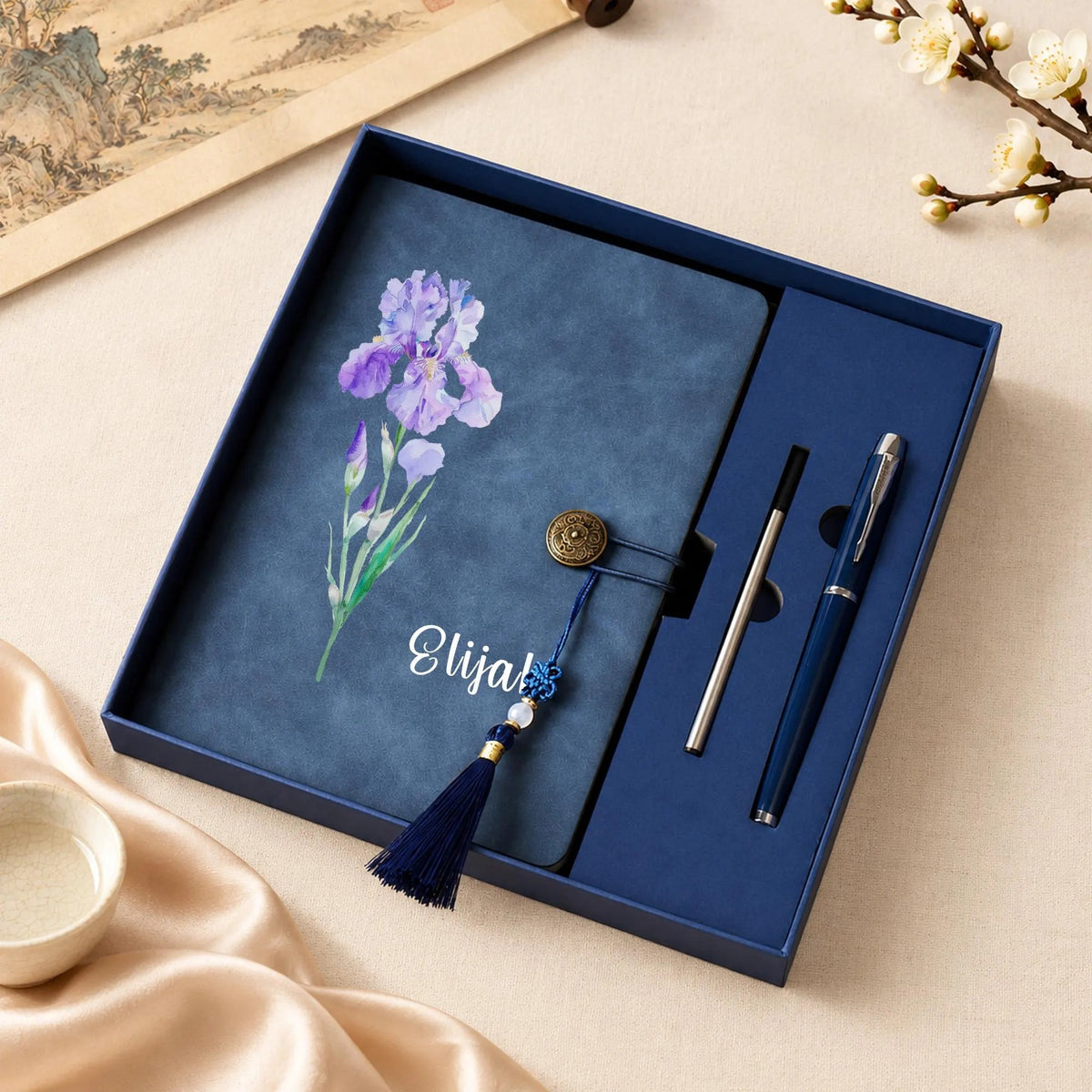 Personalized Floral Journal Pen Set, Custom Name Leather Notebook with Tassel