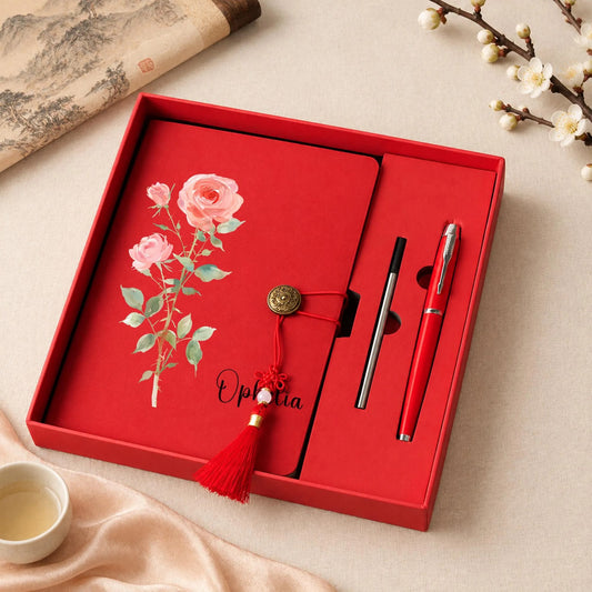 Personalized Floral Journal Pen Set, Custom Name Leather Notebook with Tassel