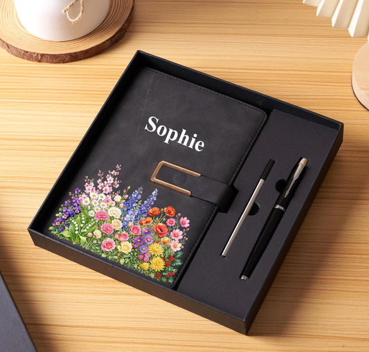 Personalized Journal with Pen Gift Set, Custom Name Notebook, Birth Month Flower Gift, Bridesmaid Proposal Gift, Gift for Her