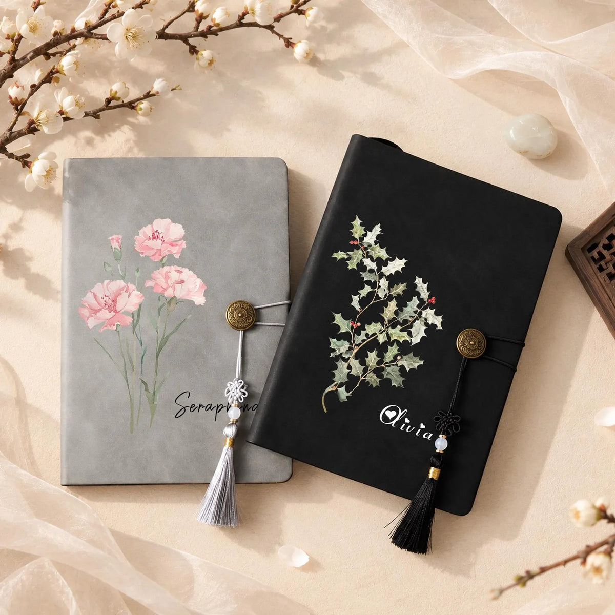 Personalized Floral Journal Pen Set, Custom Name Leather Notebook with Tassel