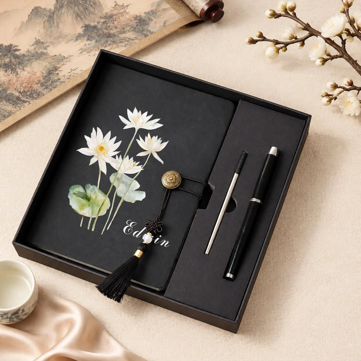 Personalized Floral Journal Pen Set, Custom Name Leather Notebook with Tassel