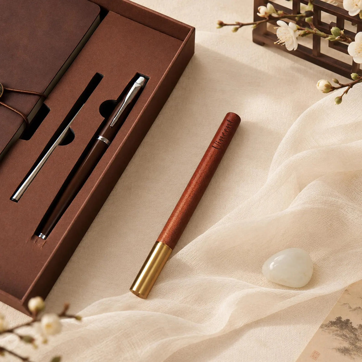 Personalized Floral Journal Pen Set, Custom Name Leather Notebook with Tassel