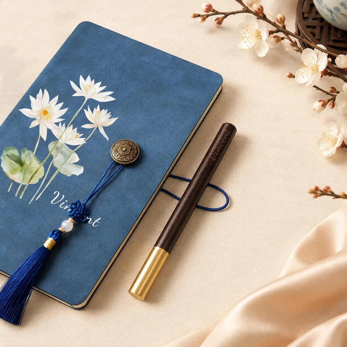 Personalized Floral Journal Pen Set, Custom Name Leather Notebook with Tassel